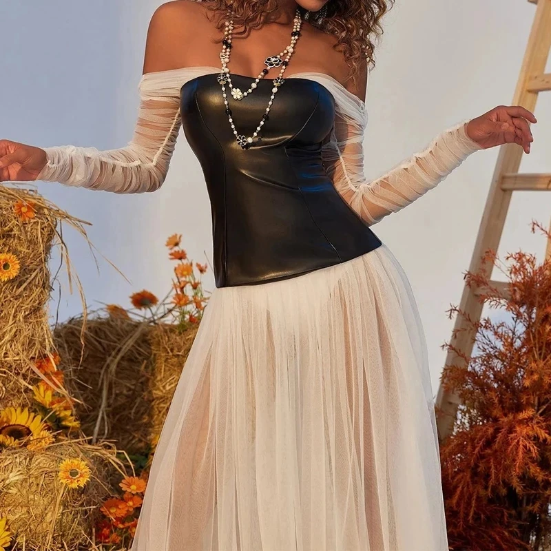 

Lady High Waist Hollow Out Banquet Dresses Fashion PU Leather Spliced Mesh Dress Summer Off Shoulder Pleated Party Maxi Dress