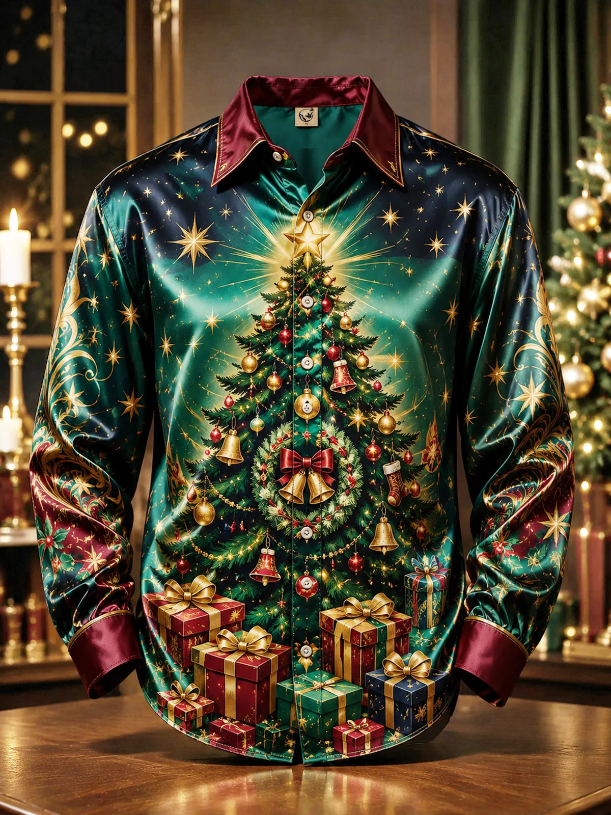 Men's Satin Long Sleeve Shirt Green Christmas Tree Gift Bell Print Button Down Shirt Xmas Party Dress Shirt
