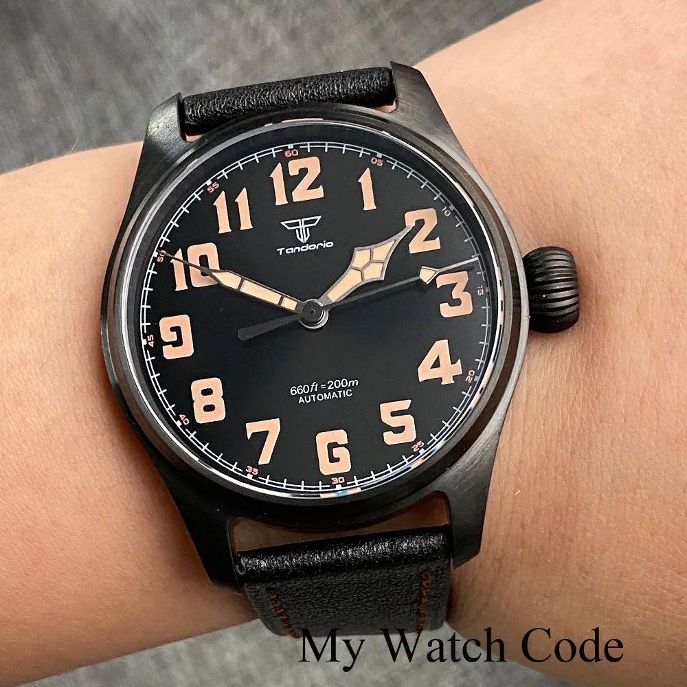 Waterproof Vintage Pilot Watch Tandorio Black NH35 Mechanical Clock Men Arabic Numerals 39mm Sport Clock Reloj Hombre Big Crown