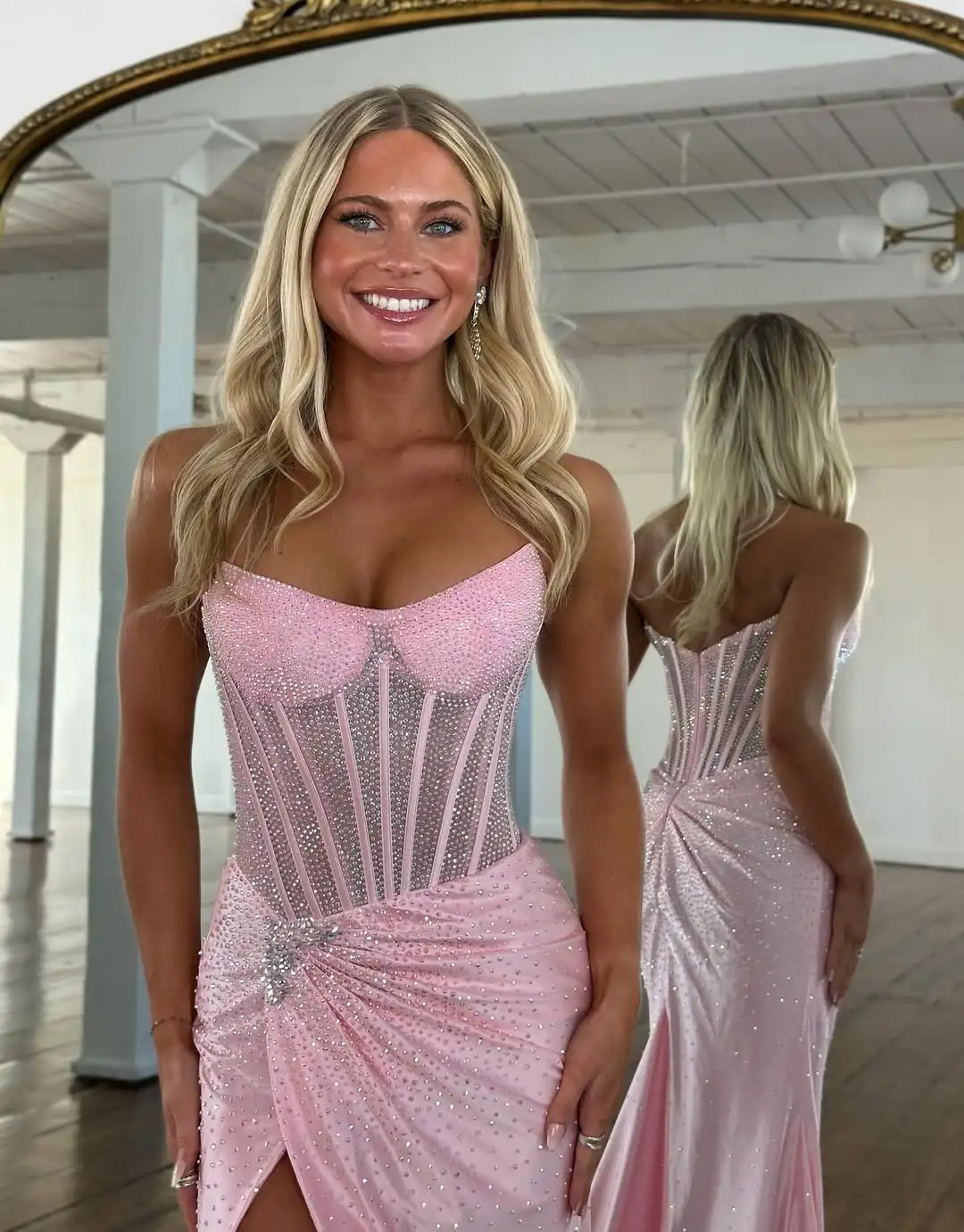 تصميم جديد فاخر متلألئ الديكور كريستال هيكل السمكة مساء اللباس الجانب الشق الخصر مطوي الوهم حفلة موسيقية اللباس الرسمي #2