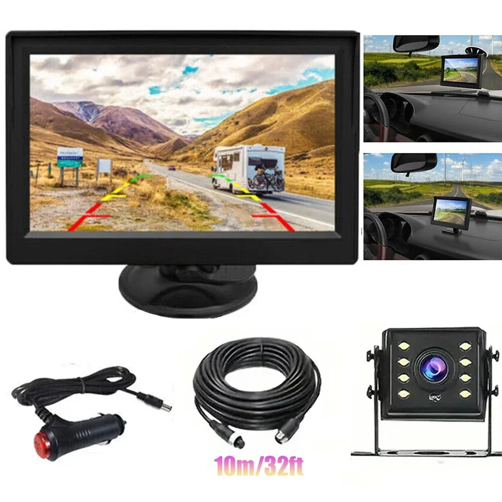 QueenDer Universal Car Rear view Camera with 5 inch Monitor for Truck HD Screen 8LED Night Vision Waterproof Paking Bus Security