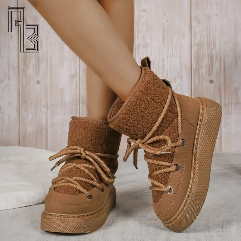 أحذية ثلج كبيرة ذات نعل سميك وحزام متقاطع، أحذية نسائية دافئة جديدة لخريف وشتاء 2025