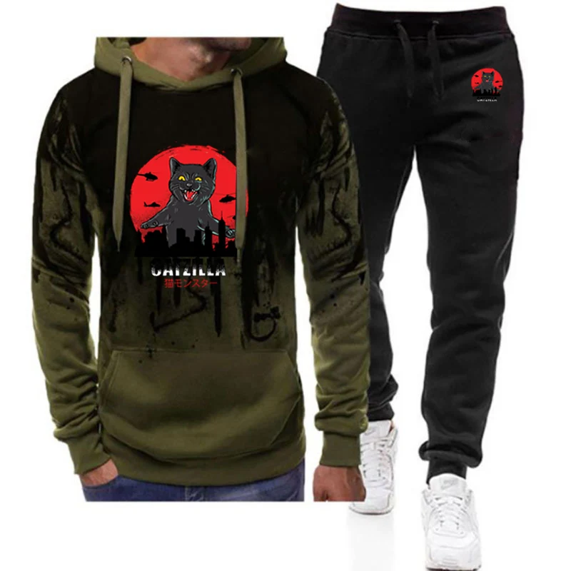 

Забавный японский кот с графикой 2520, новый мужской костюм Harajuku Cat Lover Catzilla с градиентом цвета, с капюшоном + брюки, повседневный костюм из двух предметов