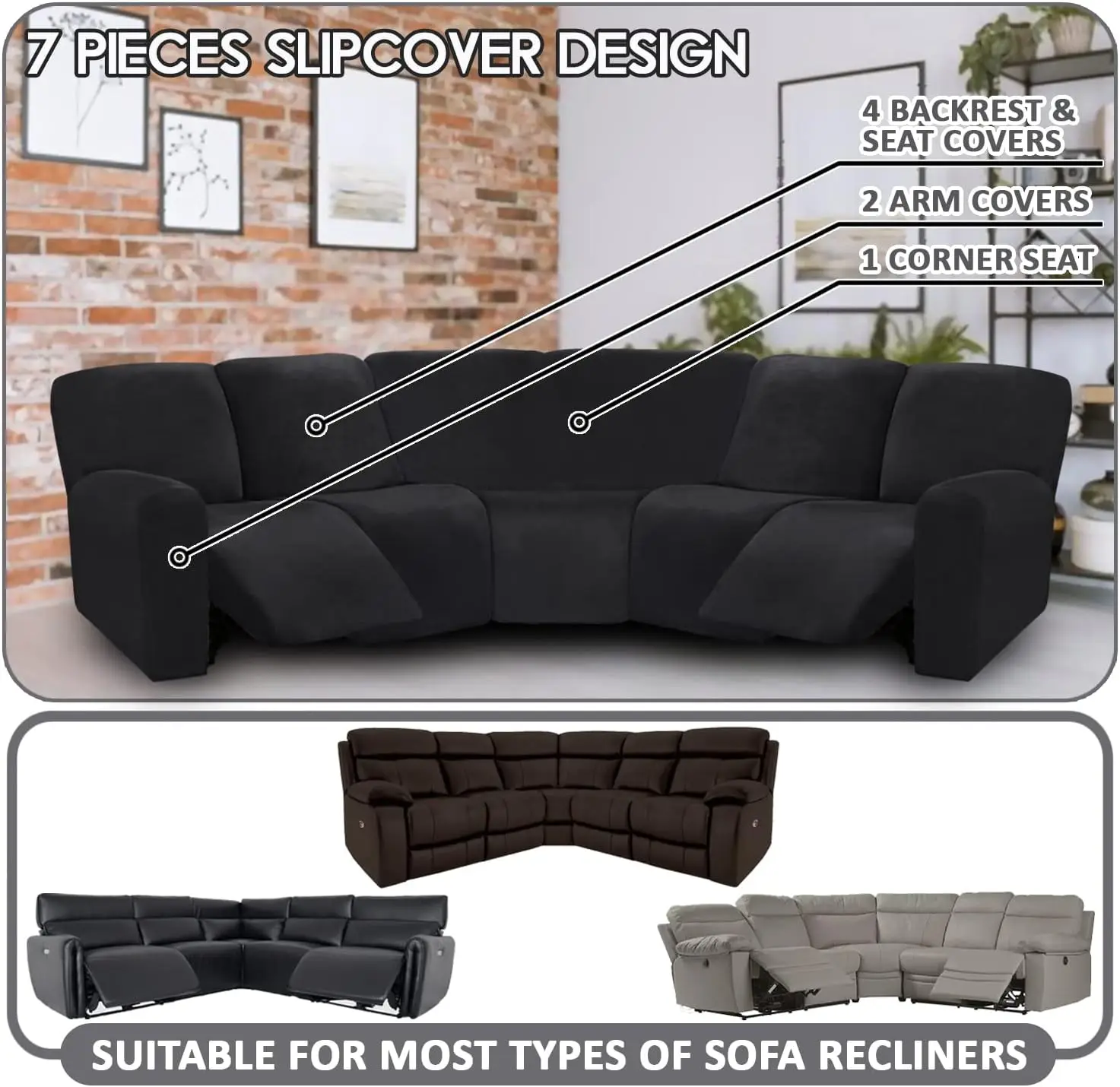 Velvet 5 Seater Recliner Sofa Covers 7&11 Piece Stretch Soft Recliner Sofa L Shape Sectional Couch Slipcover Furniture Protector