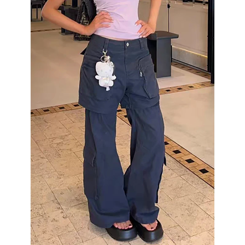 PBAP, pantalones vaqueros holgados con múltiples bolsillos empalmados para mujer, pantalones vaqueros lisos de tiro alto de verano, pantalones Cargo rectos anchos falsos, ropa Retro Grayu