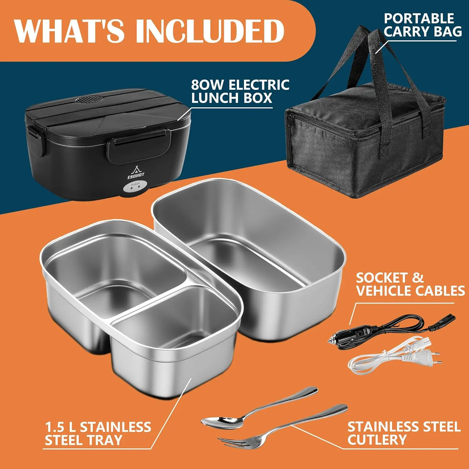 صندوق غداء كهربائي 80 وات صندوق غداء ساخن للبالغين، 1.5 لتر 12/24/110 فولت صندوق غداء لتدفئة الطعام للسيارة/الشاحنة/المكتب (2 * 1.5 لتر)
