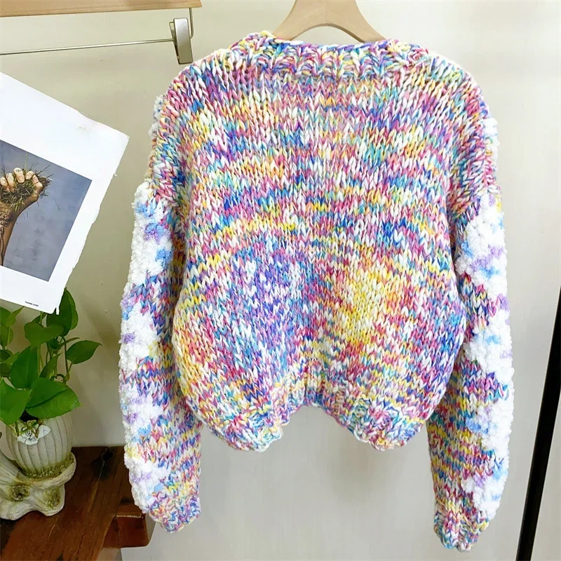 Chunky Handmade Jumper Colorful Floral Handknit Warm V-neck Sweater Pullover Autumn Winter Knit Top Women Knitwear Outwear