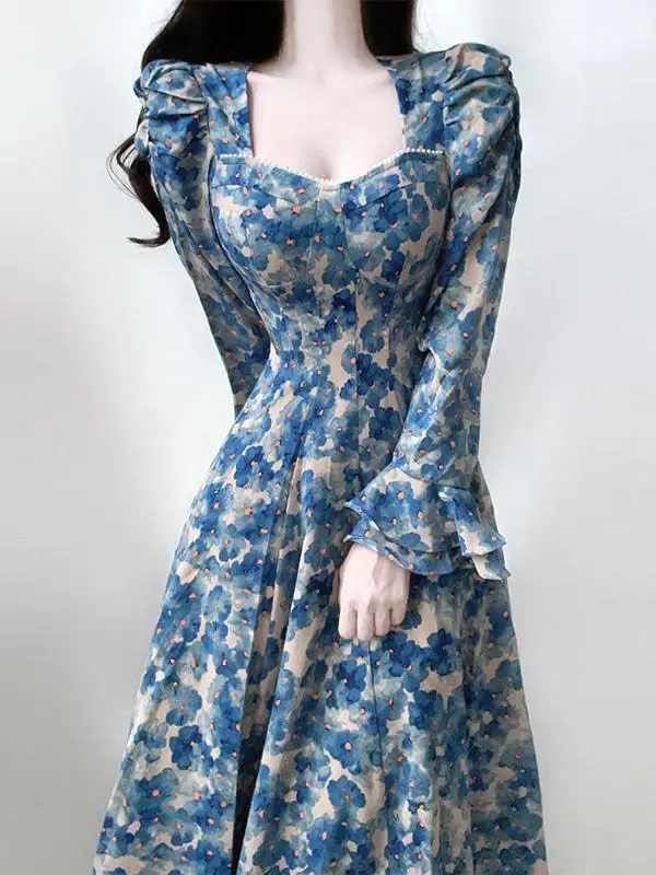 

Retro Floral Long Sleeve Women's Dress Waist Cinched Elegant Long Skirt Autumn Season Polyester Fiber Midi Dress Casual Wear