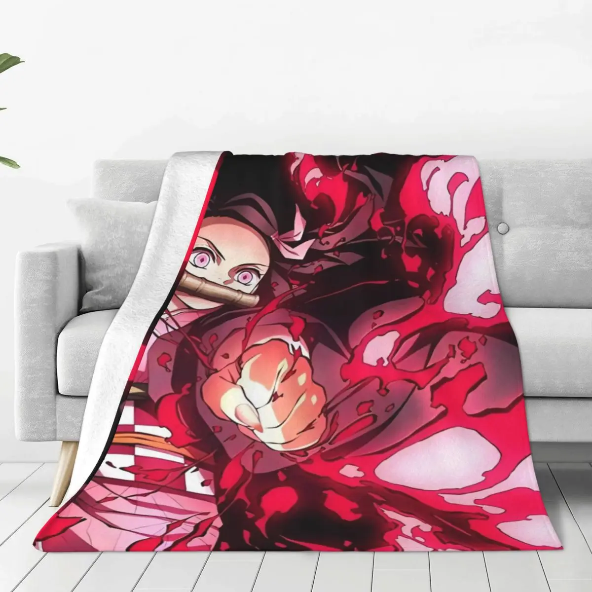 Kawaii Kamado Nezuko Flannel Blanket Demon Slayer Comic Cartoon Warm Throw Blanket for Bedroom Camping Bedspread Sofa Bed Cover