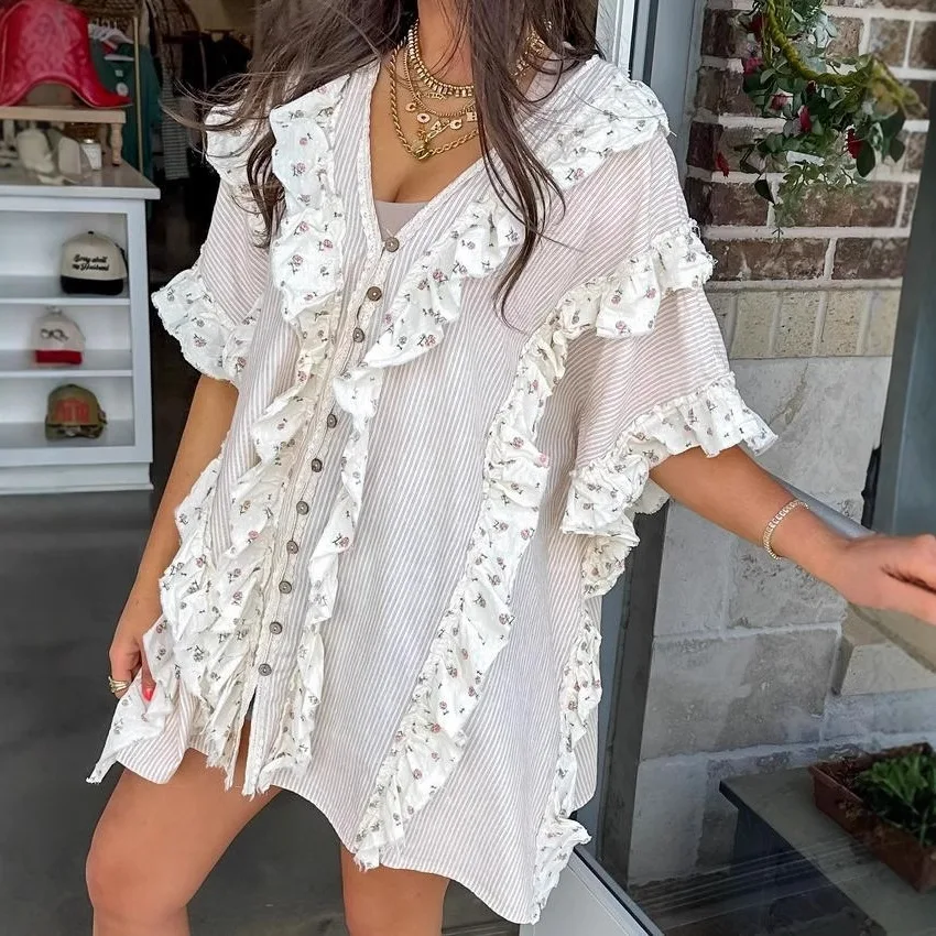 2025, dameskleding, patchwork, digitale print, V-hals, overhemd met korte mouwen