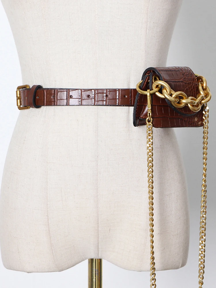 VGH Solid Patchwork Metal Buckle Chain Belt For Women PU Leather Casual Elegant Korean Sashes Female Accessories Fashion Style