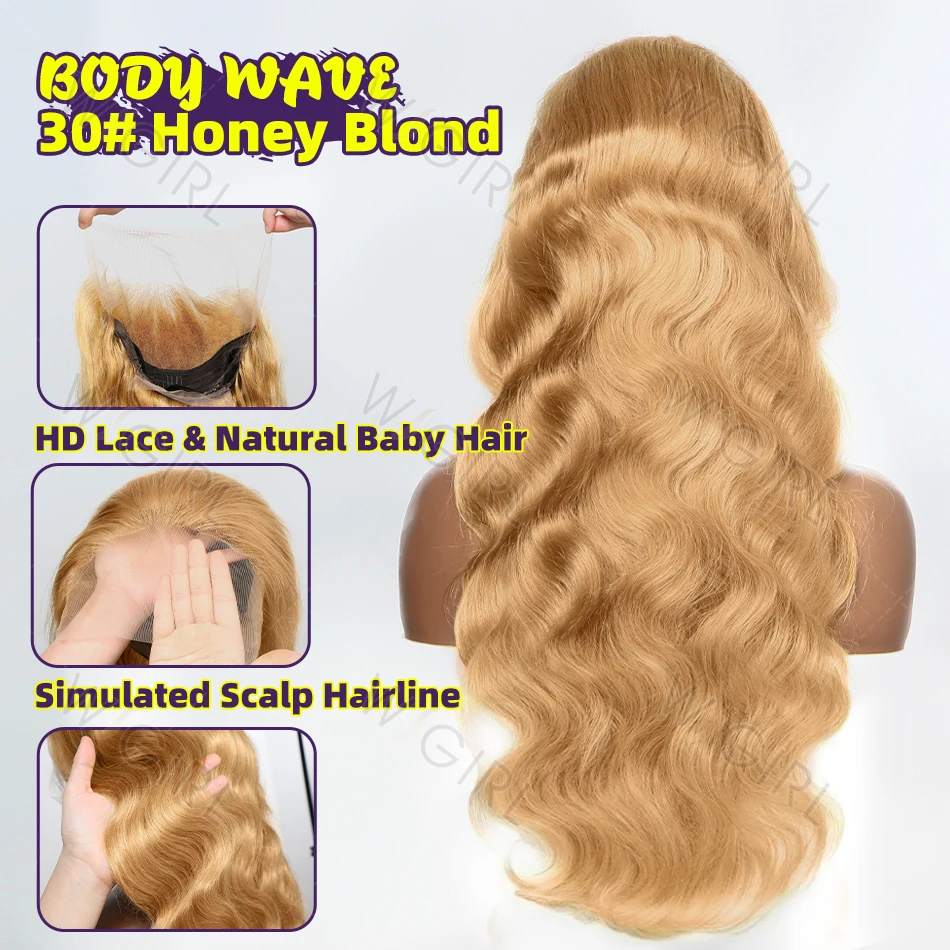 Wigirl 30 34 Inch 30# Honey Blond 13x4 HD Lace Front Human Hair Wig Brazilian Body Wave 13x6 Lace Frontal Wigs 200% For Women