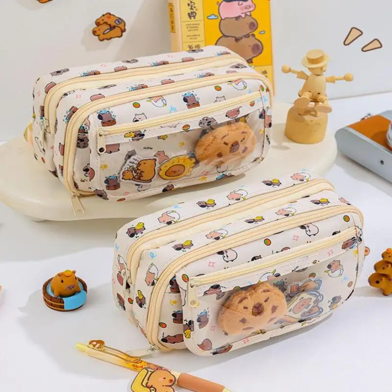 Sac de rangement de papeterie scolaire de grande capacité, 1 pièce, boîte à crayons, trousse à crayons de dessin animé Kapibara avec rabat