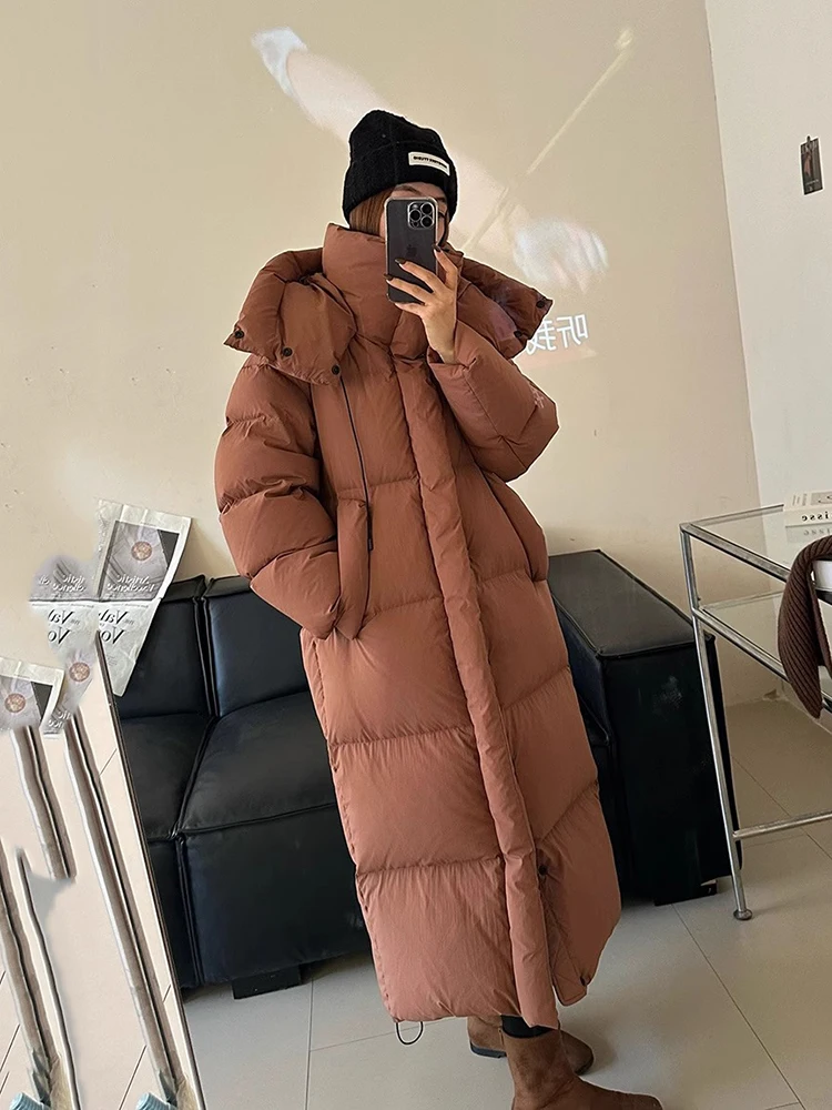Chaqueta larga gruesa con capucha para mujer, chaquetas hasta la rodilla con plumón de pato blanco, Parkas cálidas y sólidas para exteriores, prendas de vestir para invierno