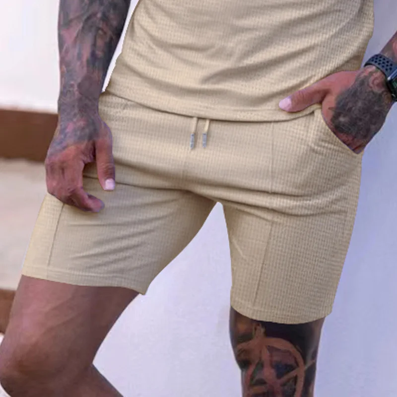 2024Solid Color Summer New European and American Men\'s Sports Waffle Trendy Shorts Casual Shorts