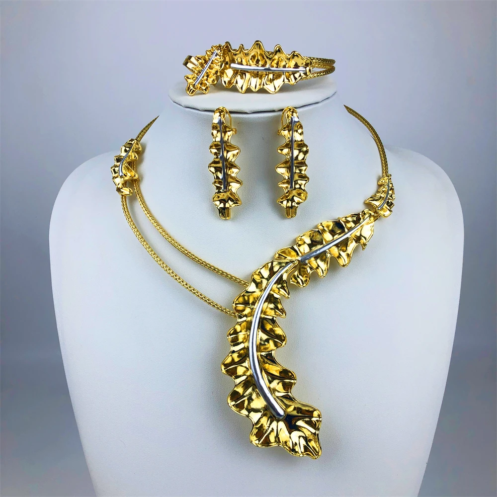 

ESALE Fashion Luxury Gold Plated Jewelry Set Necklace Drop Earrings Bracelet Ring African Bridal Wedding Party Gifts