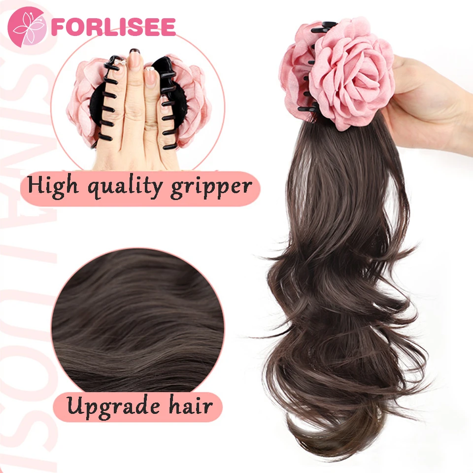 FORLISEE Synthetic Horsetail Wig Women's Pink Rose Grab Clip Side Tie Layered Wave Curly Hair Natural Sweet Wig Braid Horsetail