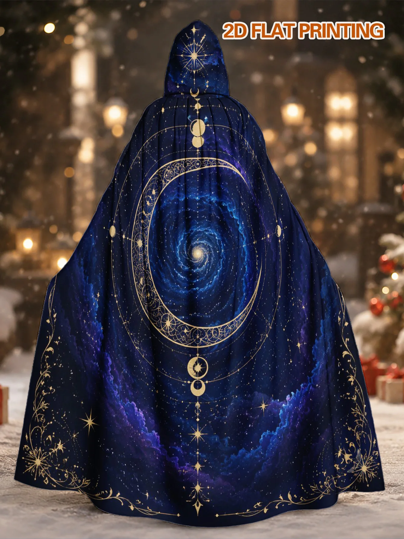 1pc Adult Hooded Costume Cloak with Celestial Gothic Spiral Design, Long Polyester Cape for Halloween Witch Roleplay