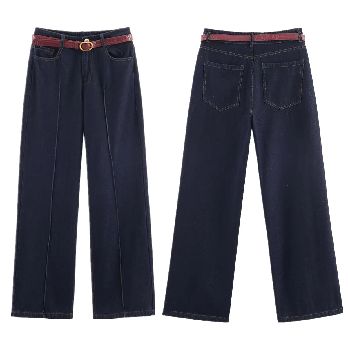 

Dave&Di Women's Jeans Nordic Minimalist Navy Blue Jeans Women's High Waist Wide Leg Pants With Belt Mom Jeans