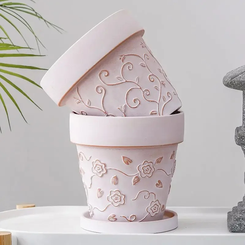 Creative Atomized Clay Flower Pot, White Relief Old Coarse Home Living Room Garden, Courtyard Decoration, Planter with Tray, 1Pc