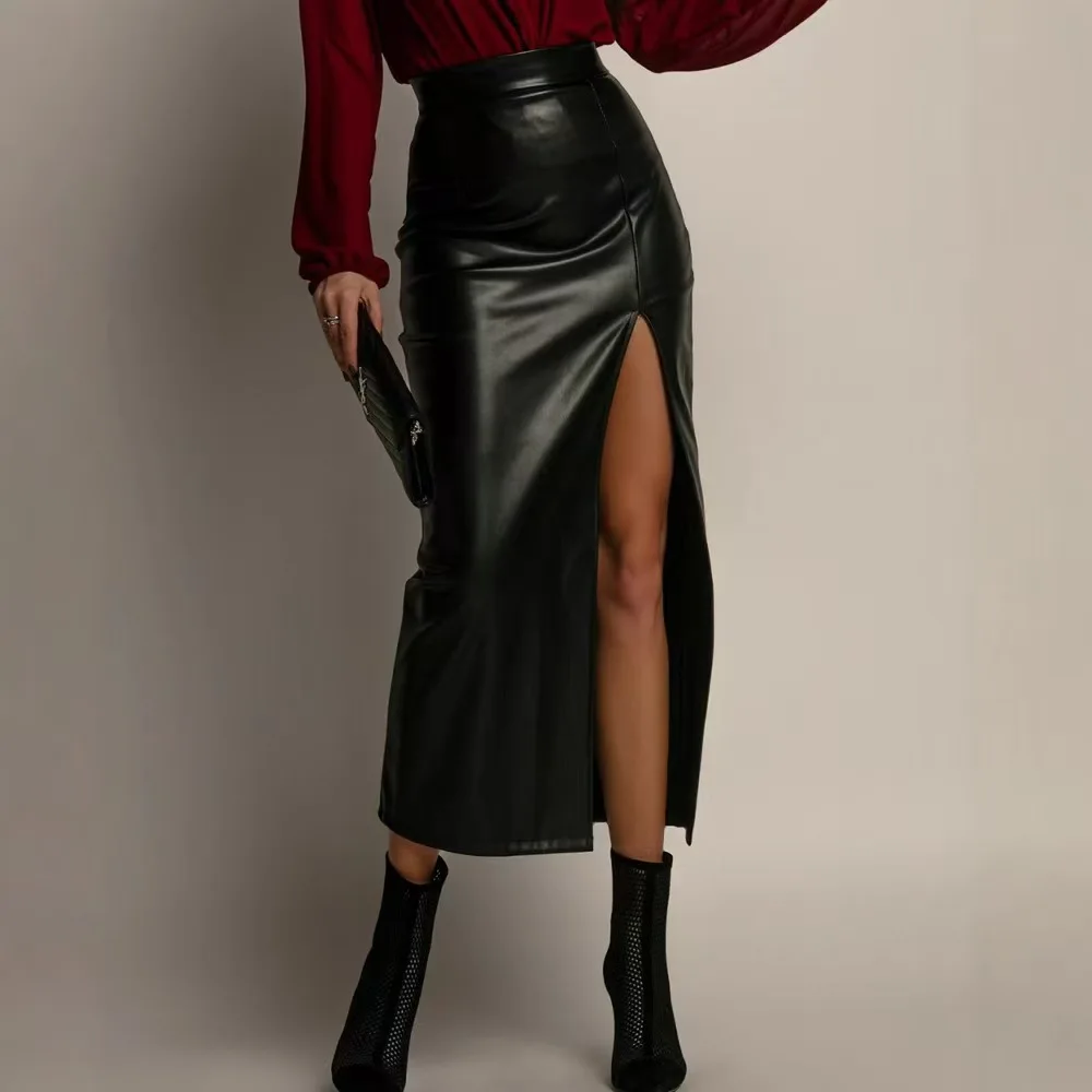 High Waist Pure Color Bodycon PU Leather Split Skirt Sexy Mid-Length Women's Faion Commute Sle Skirt