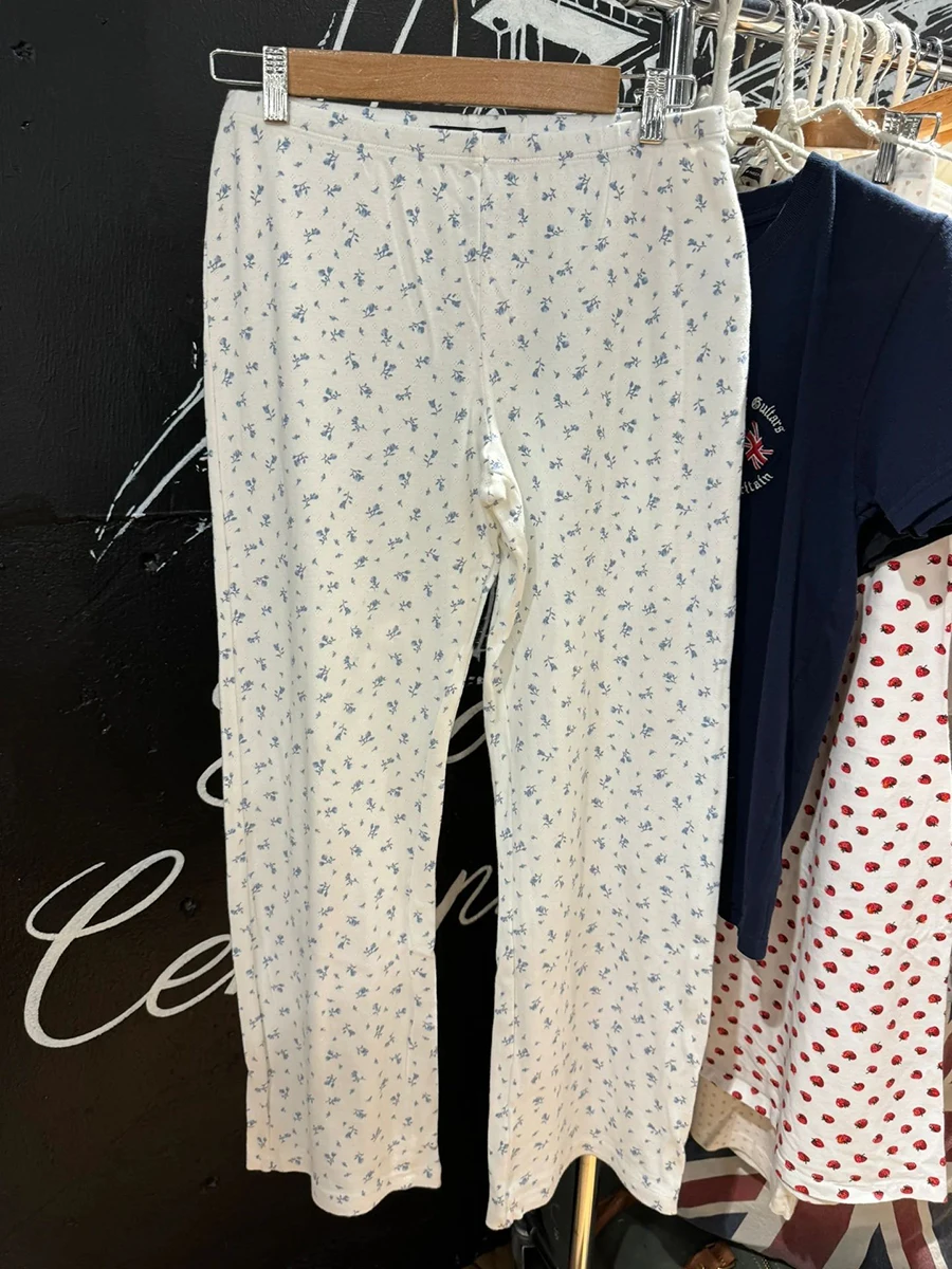 

Eyelet Blue Floral Straight Long Pants Women Summer Cotton High Waist Wide Leg Trousers Casual Vintage cute Home Pajama Pant Y2k