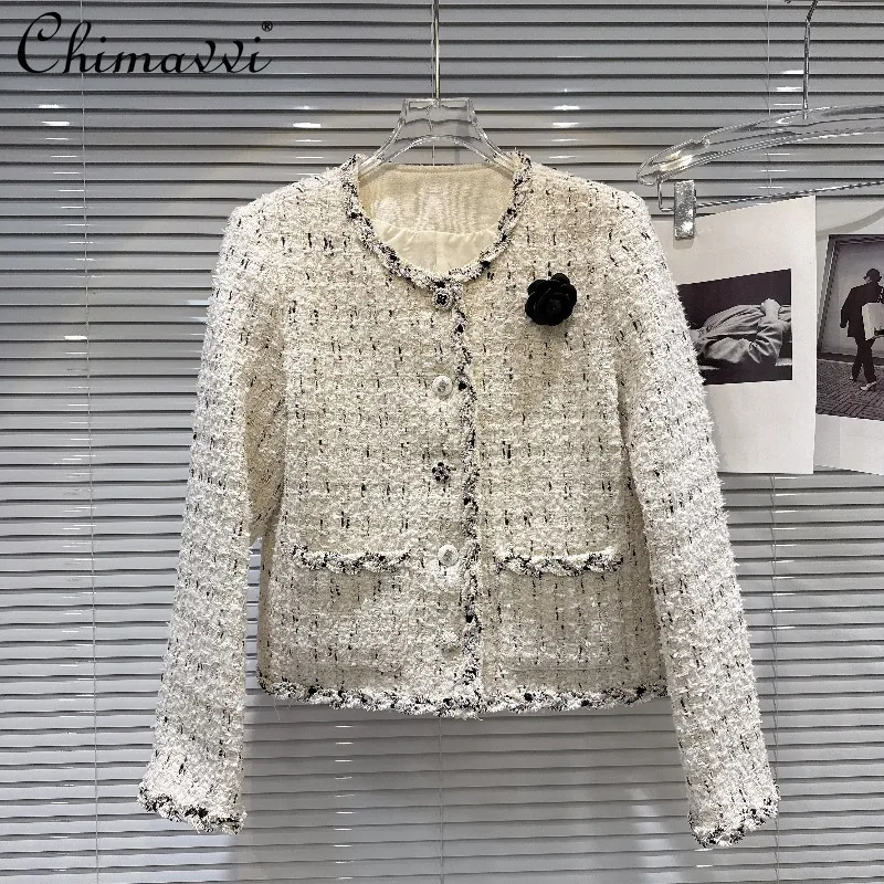 

2025 Autumn New Heavy Pin Long Sleeve Woven Lace Tweed Short Coat Women's Fashion Round Neck Slim Fit Elegant Women's Top