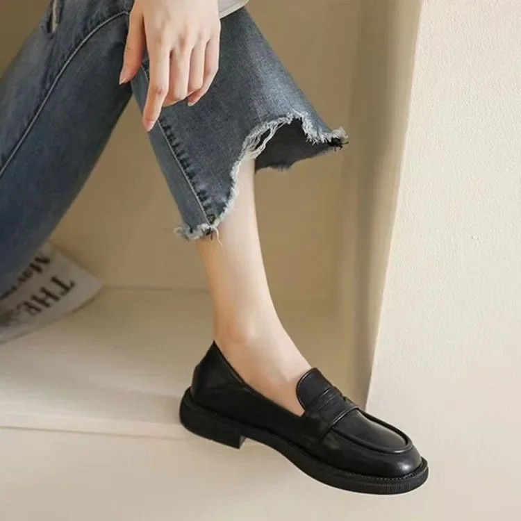 luxury Black Leather Women\'s Loafers Platform Slip on Shoes for Women 2024 Spring British Casual Flats Shoe Woman Low Heels 43