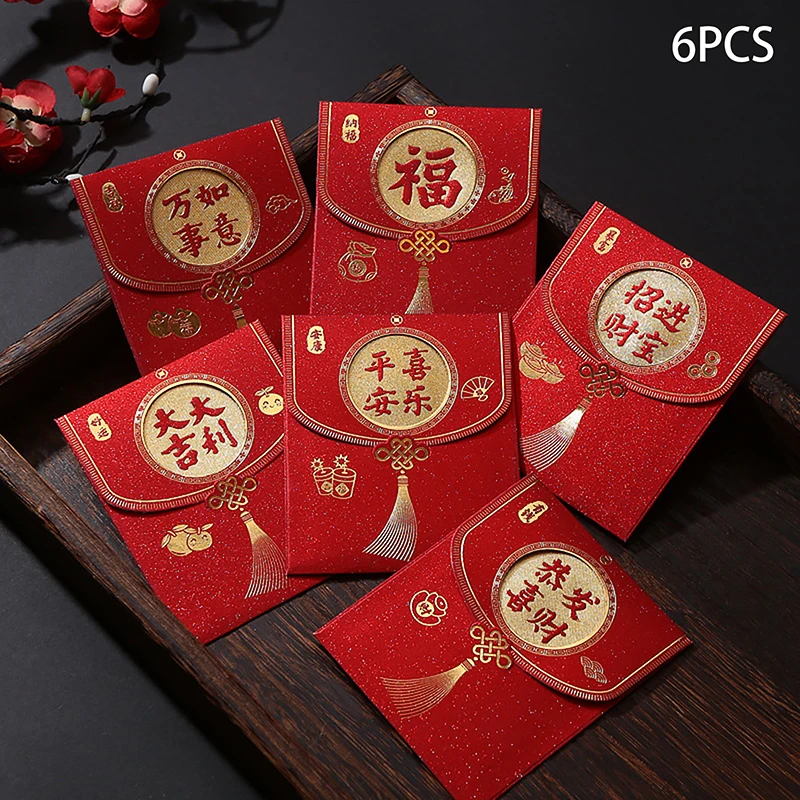 6 pçs estilo chinês glitter papel ano novo envelopes vermelhos festival de primavera sorte bolso vermelho criativo hongbao crianças presentes saco vermelho