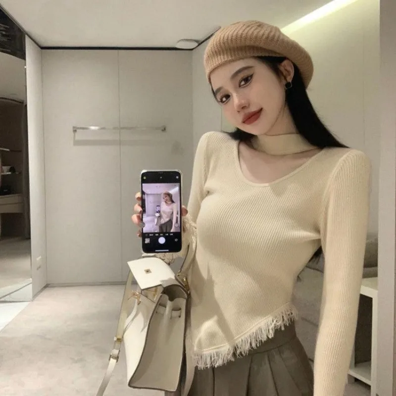 Halter Fashion Women Sweaters 2024 Irregular Knit Top Autumn Winter Pullovers Knitwear Long Sleeve Clothes Tassel Ladies Sweater