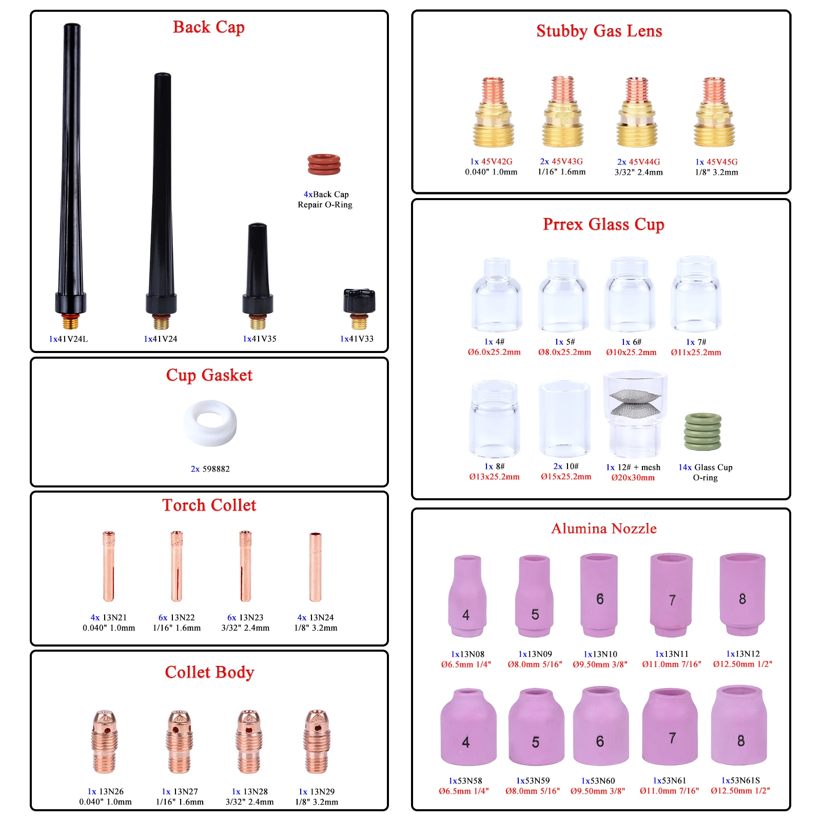 83Pcs TIG Soldagem Tocha Stubby Gás Lente Para WP9 WP20 WP25 #4 ~ #12 High Temperature Glass Cup Kit Durable Acessórios práticos