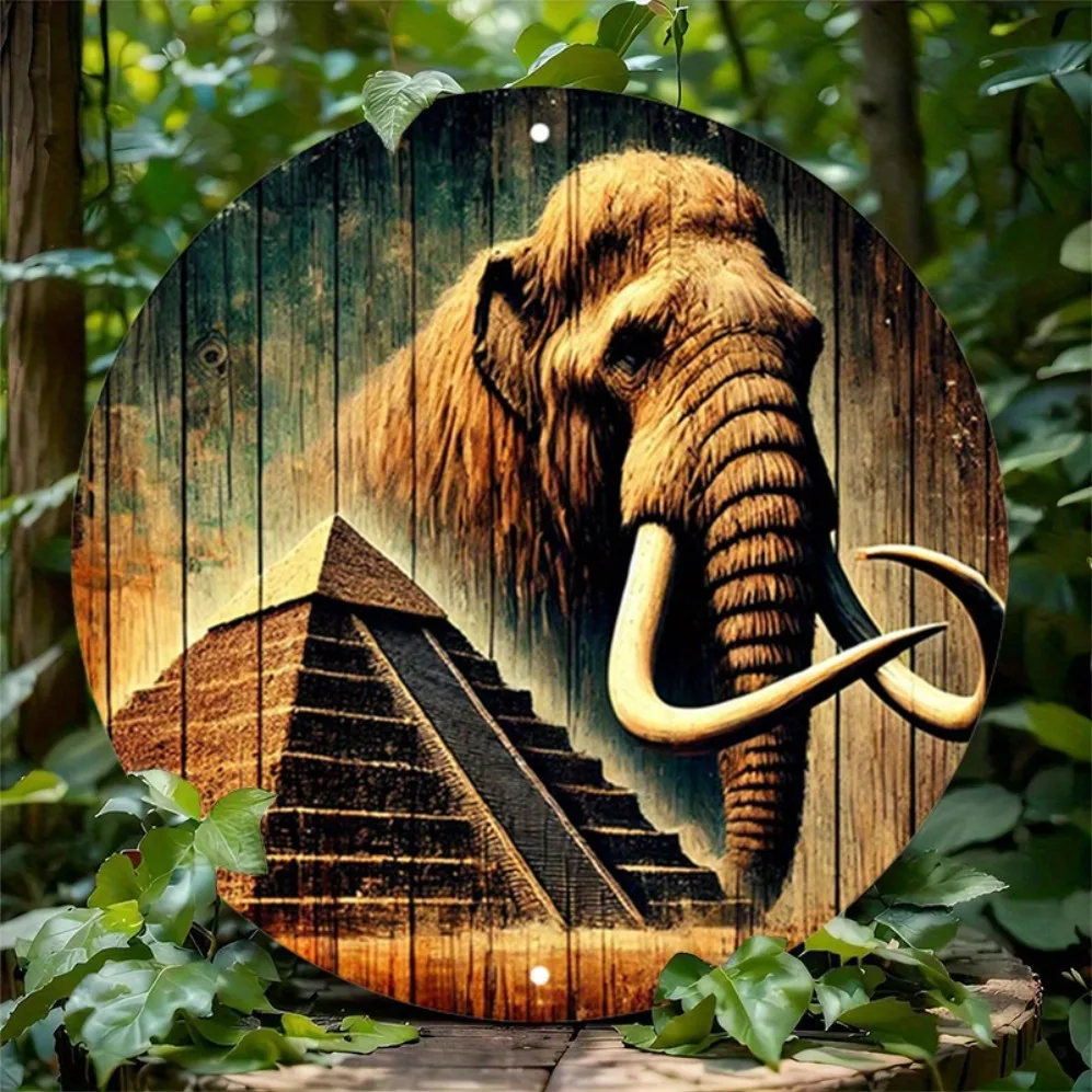 2D Flat Round Aluminum Metal Wall Art: Vintage Rustic Elephant & Egyptian Pyramids Design – 2D Printed Home Decor for Garage,