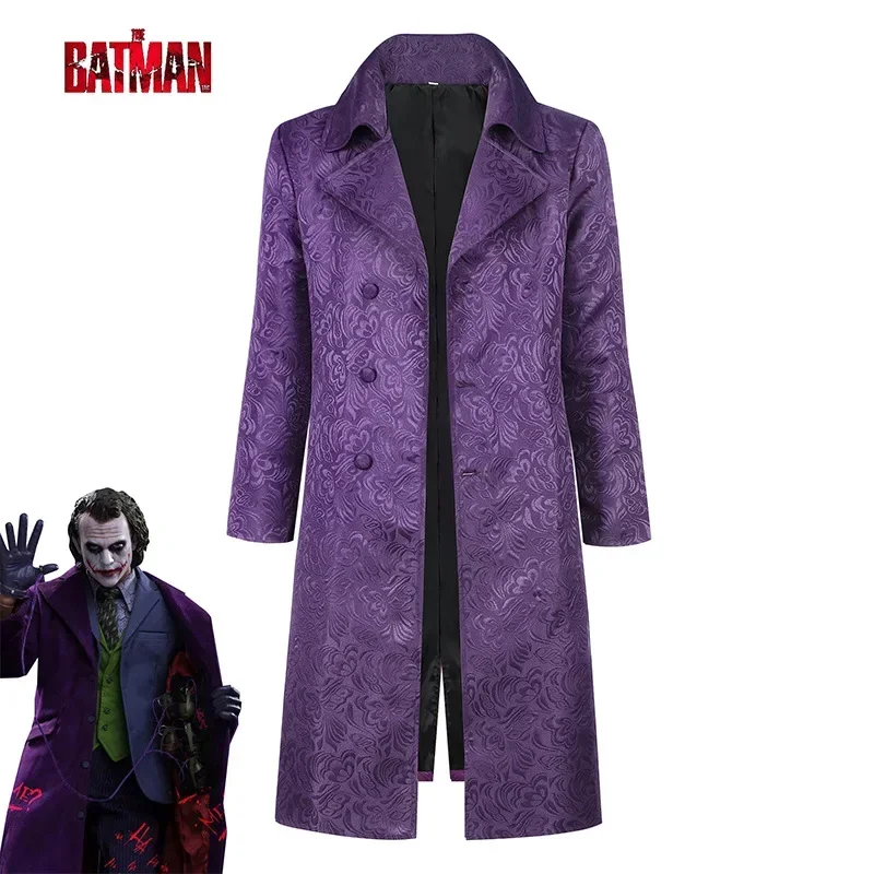 

Adult Men Cosplay Costume Halloween Joker Medieval Jacket Elegant Purple Jacquard Overcoat Long Coat with Notched Collar