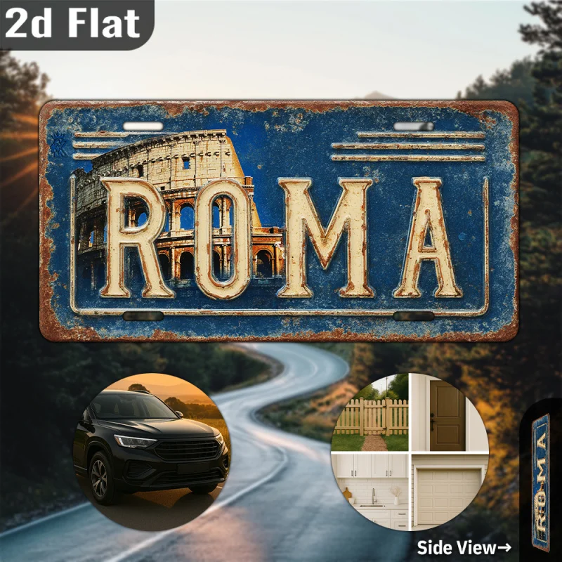 مسطح ثنائي الأبعاد، قطعة واحدة من لوحة ترخيص معدنية من روما الإيطالية العتيقة - ديكور كولوسيوم روما القديم مع الطباعة المتعثرة #5