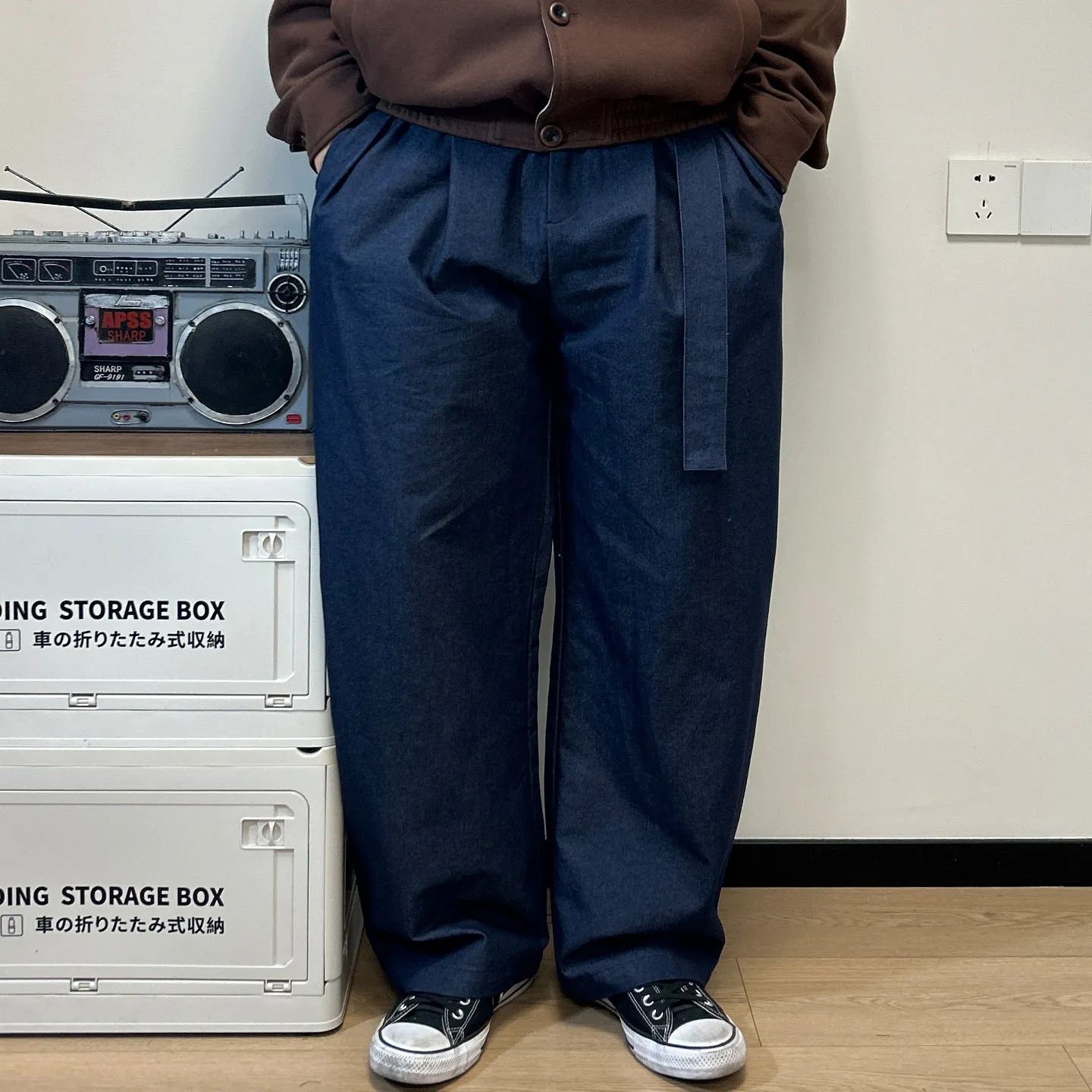 Spring American Style High-end Clean Fit Loose Wide Leg Pants with Men's Waistband Decoration Deep Blue Hanging Casual Trousers