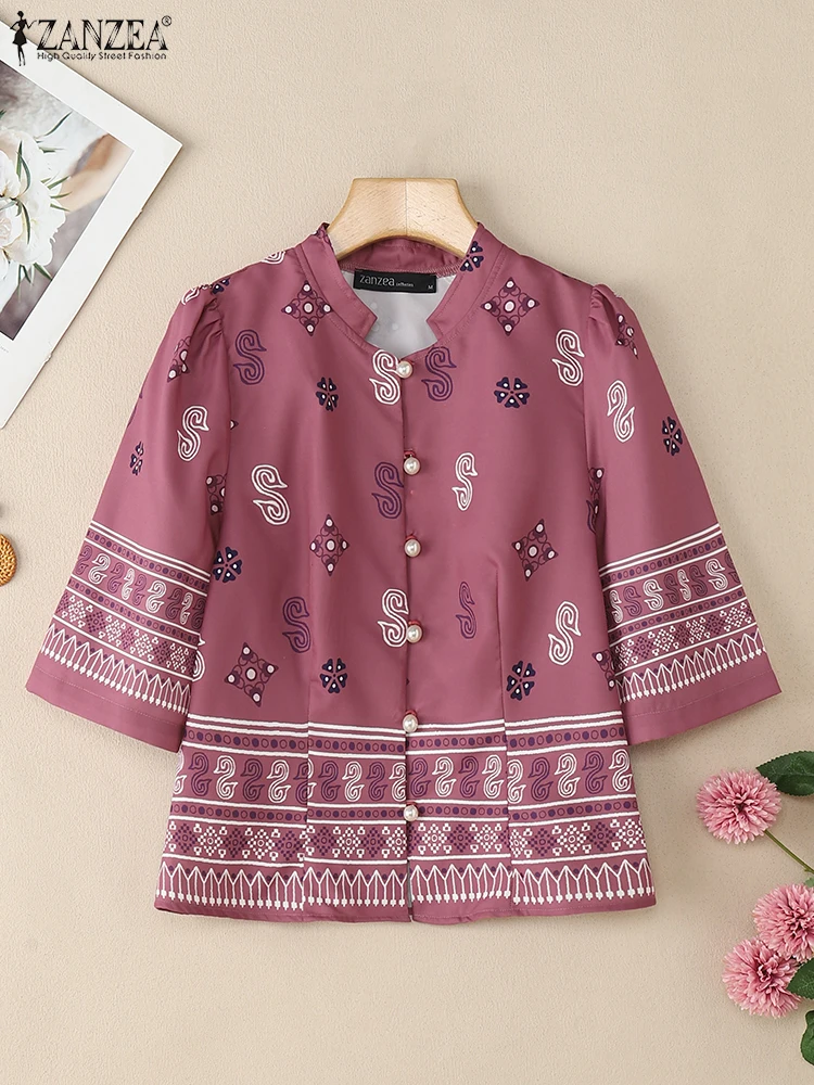 

ZANZEA Stylish Printed Blouse Women Shirt Trend 2025 Vintage Work Shirts Slim Fit Blouses Mujer Autumn Summer Half Sleeve Tops