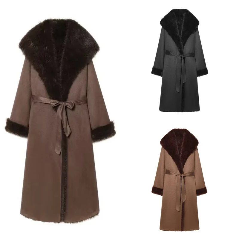 Guobioziy Women's Top 2026 Autumn/Winter New Simple Fashion Turn-Down Collar Long Sleeve Faux Fur Effect Belted Coat Jacket