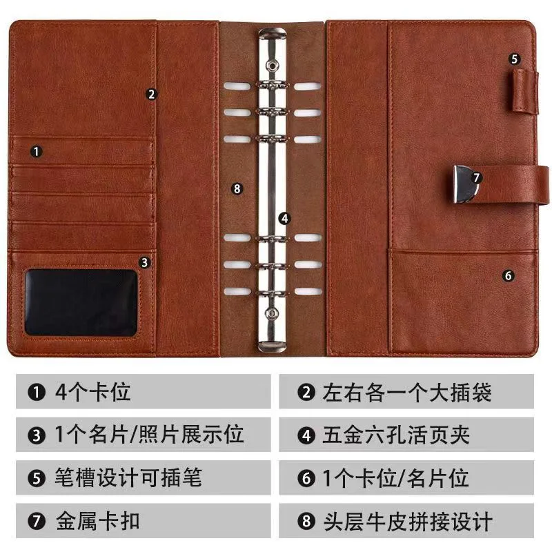 A5 Senior split-joint leather padfolio office business travel notebook daily planner organizer with Password Lock ring binder