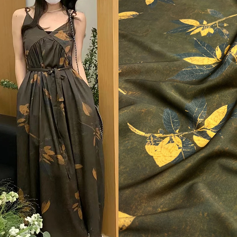 

140CM Wide 20MM Golden Leaves on Dark Green Printed Twill Silk Fabric for Summer Pants Blouse Dress-Stretch Silk Fabric D1522