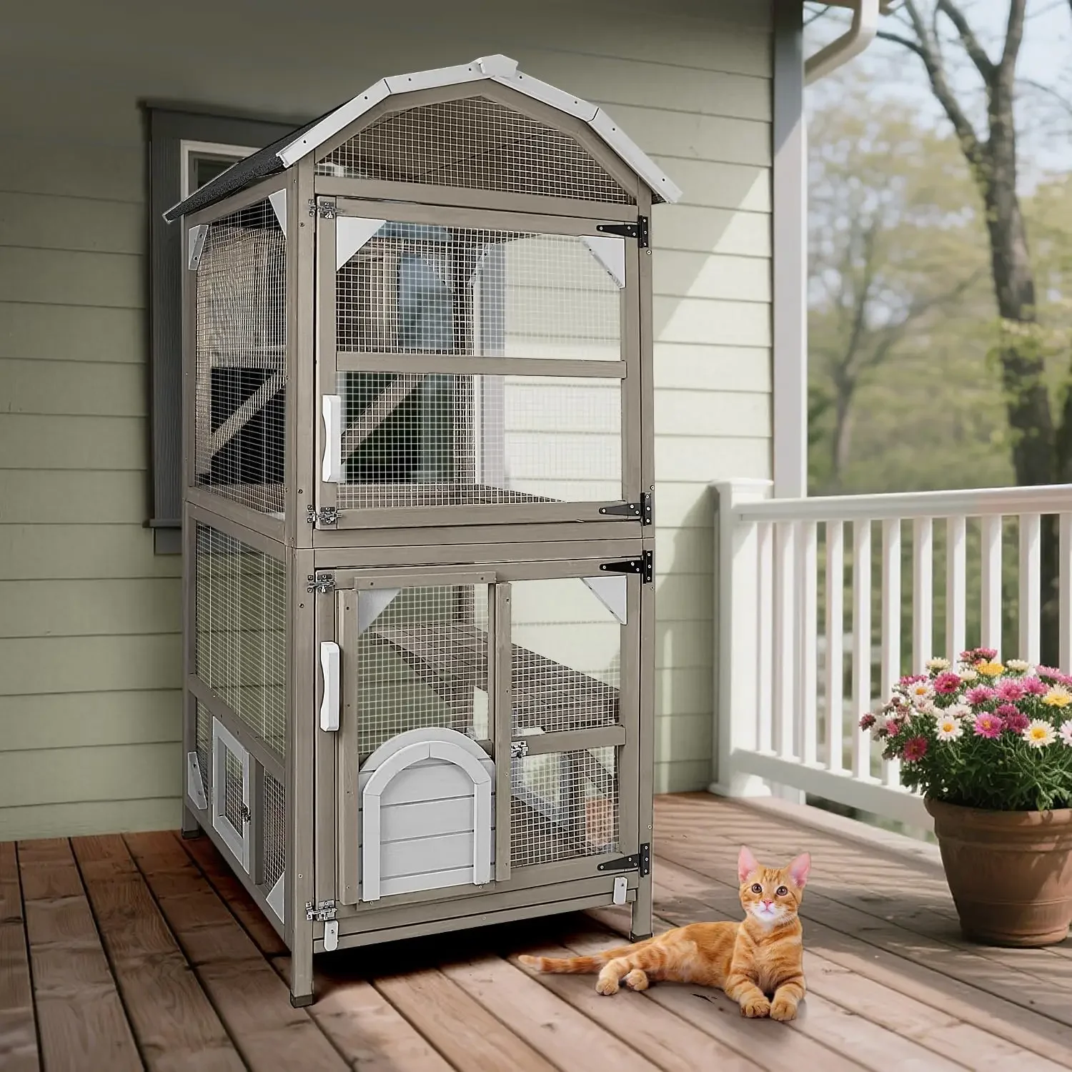 

71" Cat House Outdoor Catio Cat Enclosures, Indoor Kitty Cage Condo Attachable Window with 3 Platforms Waterproof Roof and Resti
