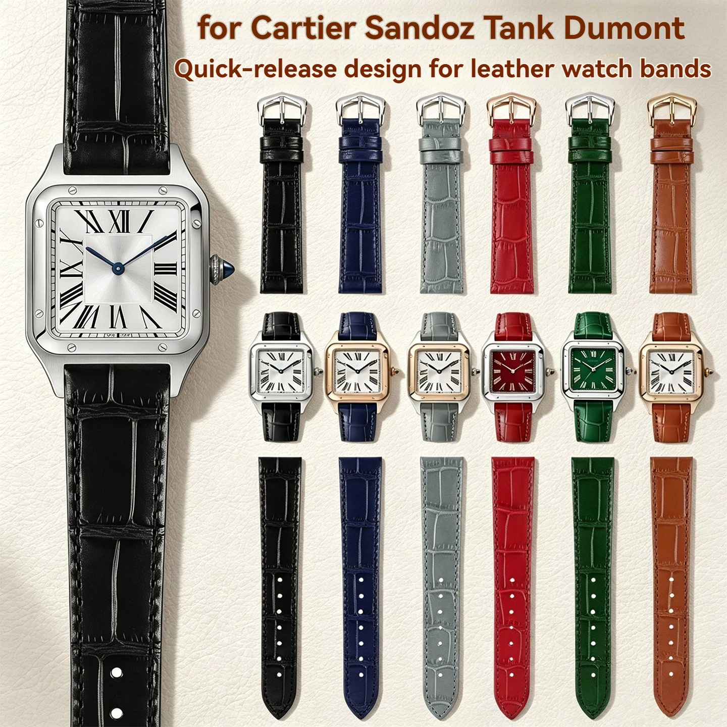 Quick Release 15/17/18/20mm Genuine Cowhide Leather Watch Strap for Cartier Santos Dumont Tank London - Soft Band for Men Women