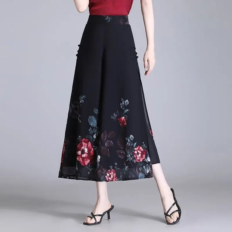 Spring Summer Women's Clothing Chiffon Flower Printing Gauze Spliced High Waist Comfortable Wide Leg Chinese Style Cropped Pants