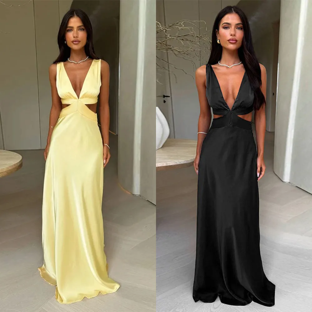 Tornova Deep V Neck Hollow Long Dress Female Sleeveless Slit Beach Vacation Dress Solid Color High Waist Bodycon Women's Dress