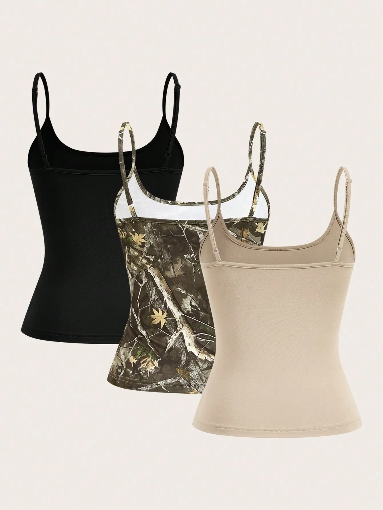 3 قطع الصيف المرأة السباغيتي حزام تانك سترة القمم الأسود كامو والبيج حزام الكتف قابل للتعديل بلا أكمام قمصان #2