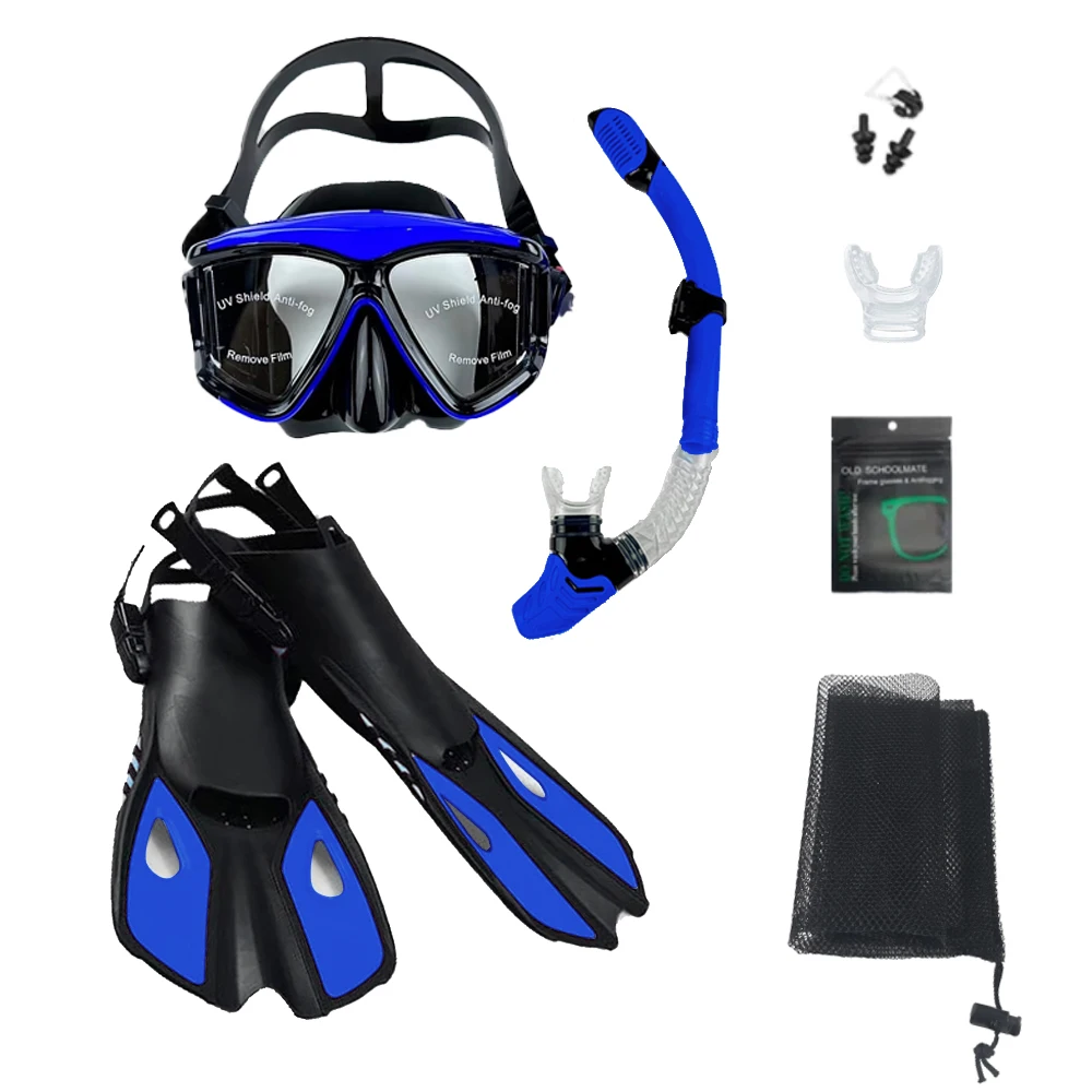 

Mask Fins Snorkel Set, Snorkeling Gear for Adults, Panoramic View Snorkel Mask Anti-Fog, Adjustable Dive Flippers, Dry Top Snork