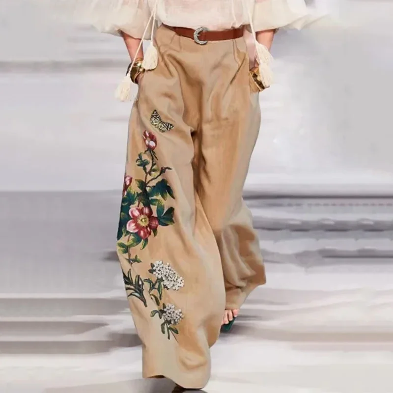 Beautyblue Khaki Flower Print Pants Wide Leg Trousers Belted Elasticity High Waisted Pockets Elegant Clothing Harajuku Female