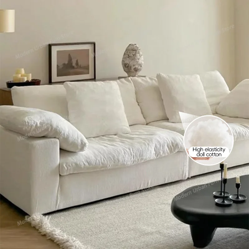 White Soft Down Sponge Sofas for Living Room Modern Removable Cover Couches with Wood Frame Cozy Durable Home Cotton Linen Sofa