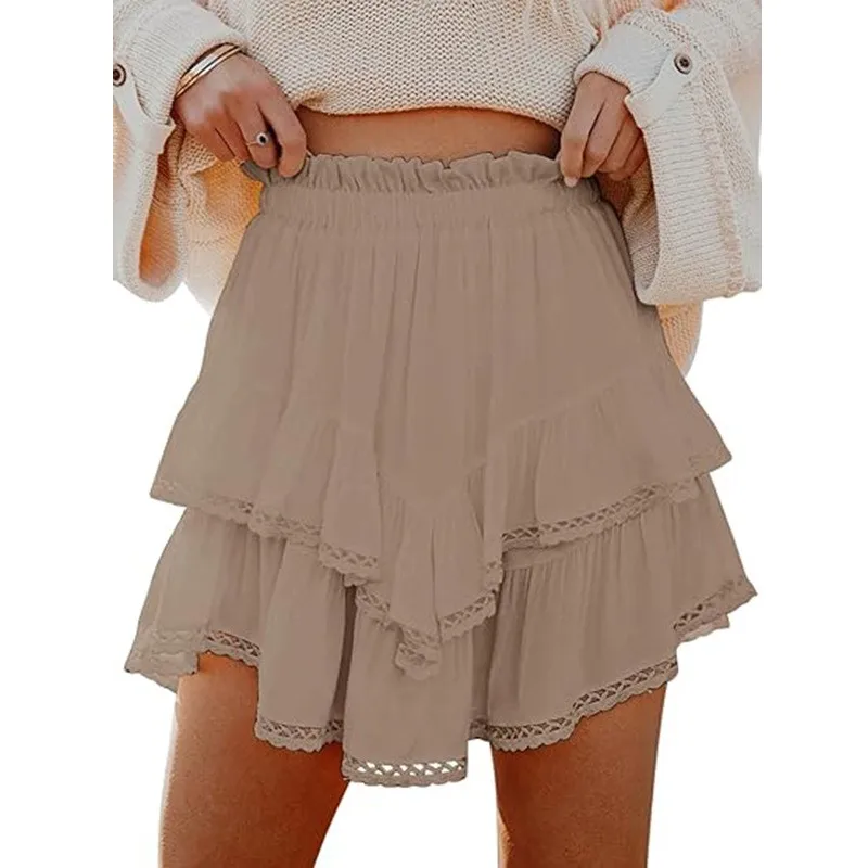 Y2k Women's Skirt High Waist Solid Mini Skirt Pink Chiffon Ruffle Short Skirt White Lace Trim Pleated Skirt Beige Elastic Waist
