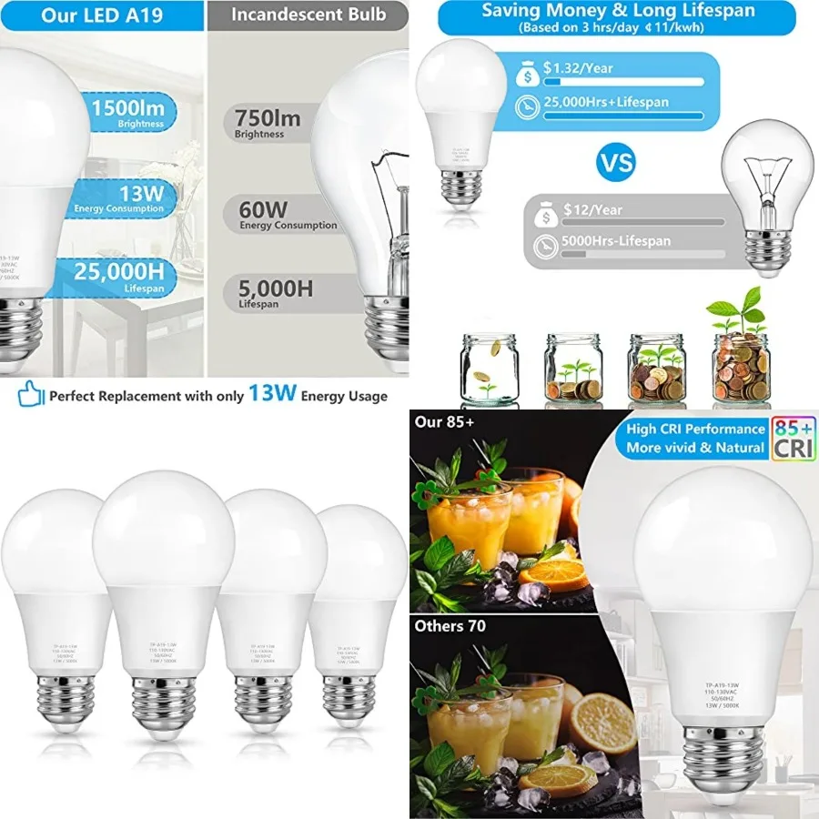 

A19 LED Light Bulbs, 100 Watt Equivalent LED Bulbs, 5000K, 1500LM, E26 Base, Non-Dimmable, 13W Bright LED Bulbs, 4-Pack