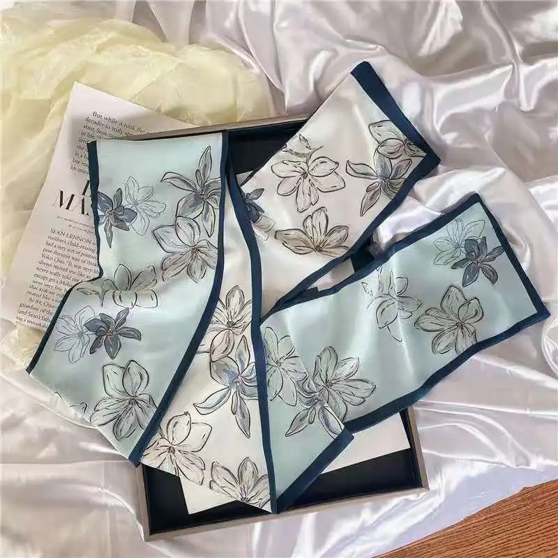 Summer Fashion Skinny Silk Scarf 145x12cm Satin Bag Ribbon Neck Foulard For Female Flower Print Hair Neckerchief Women Headband - view 6